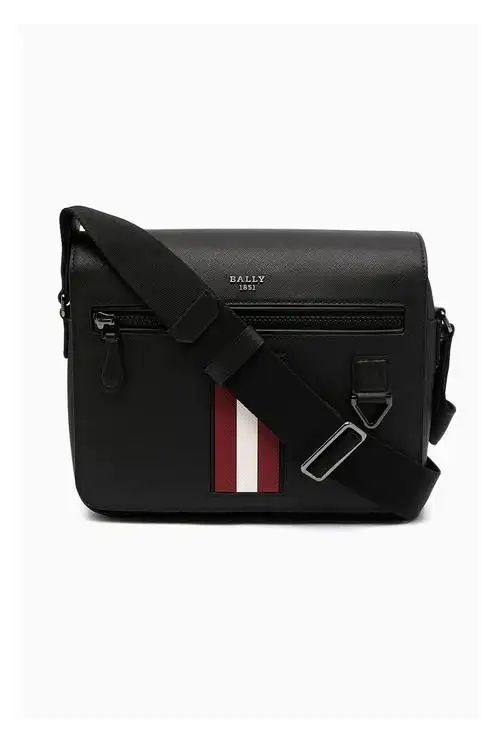 【中检鉴定】bally巴利男包男士牛皮革黑色红白条纹单肩斜挎包 mylo06