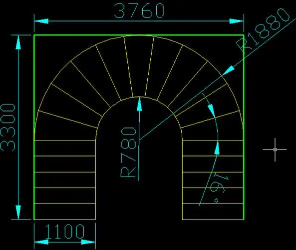 1m,转角处为半圆行,层高3m,总22级(最上一步与楼层齐,算21步.