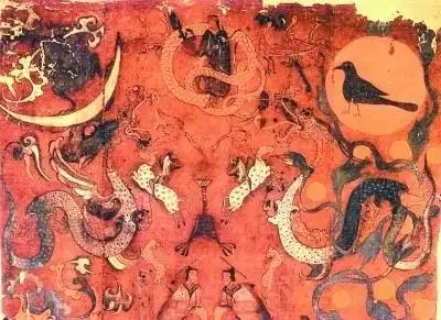 湖南长沙马王堆一号汉墓出土的帛画(局部),左绘内容为"嫦娥奔月",右