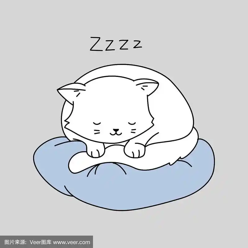 小白猫在一个蓝色的枕头上睡觉.矢量插图.