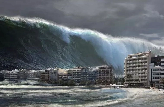 特意找的一张海啸图,四五十米巨浪大概就图中这么高,15层楼左右