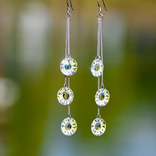 忆奴娇杨柳岸纯银饰品水晶耳环长款流苏耳坠气质耳饰耳环