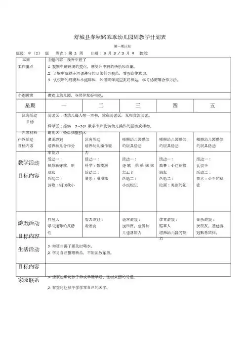 029幼儿园周工作计划表docx47页