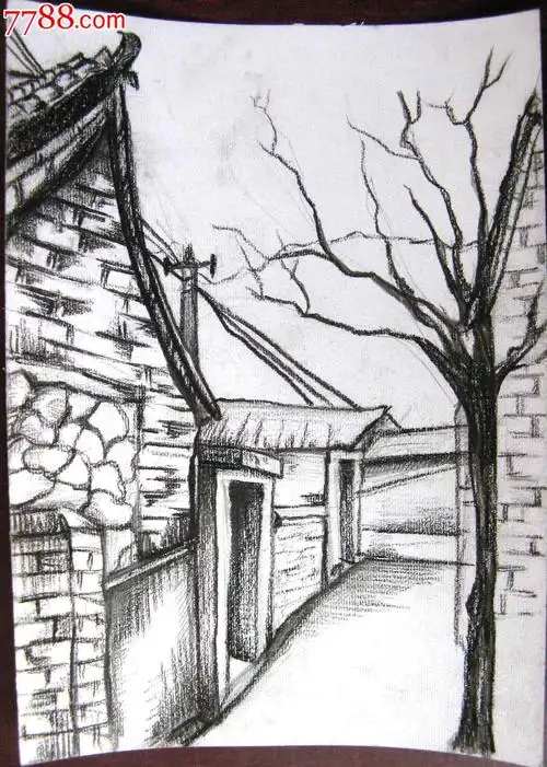 素描风景建筑画:小巷深处