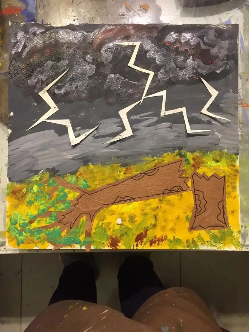 儿童创意美术教学:风景画-雷——闪电打雷轰隆隆