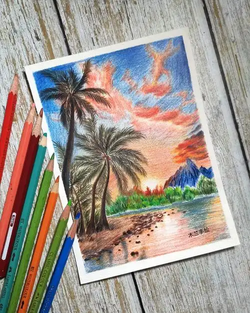 彩铅风景11落日晚霞