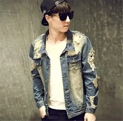 新款秋装破洞牛仔外套男韩版长袖上衣发型师修身破领个性乞丐装潮
