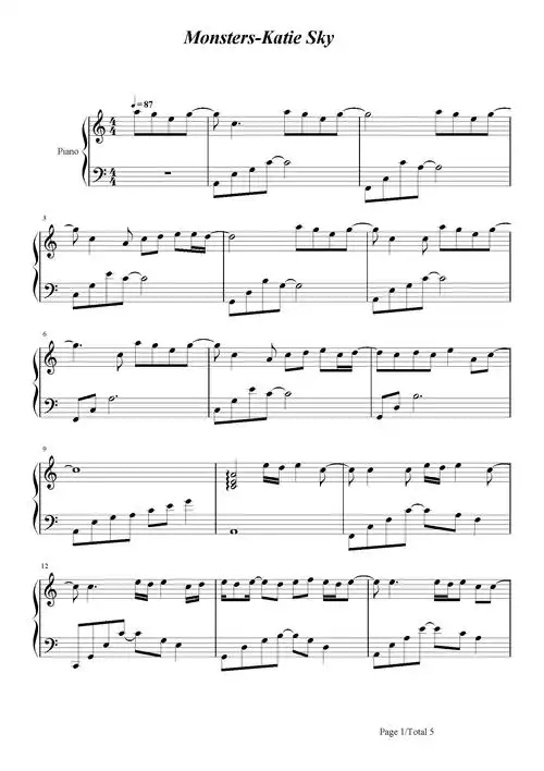 monsters钢琴谱_katie sky_c调 _流行钢琴谱五线谱独奏谱_钢琴谱|钢琴