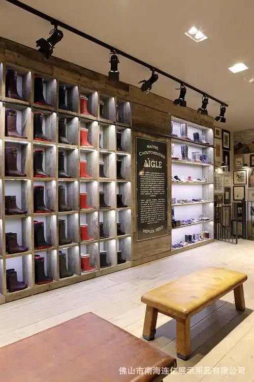 厂家定制木质鞋子展示柜 鞋店货架鞋展示架靠墙 复古皮鞋展柜多层