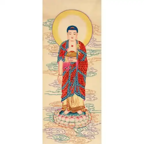 工笔人物菩萨国画佛教西方三圣阿弥陀佛画像佛堂国画