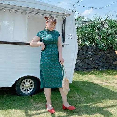 胖mm大码连衣裙春装新款宽松显瘦气质复古改良旗袍裙开叉禅意旗袍