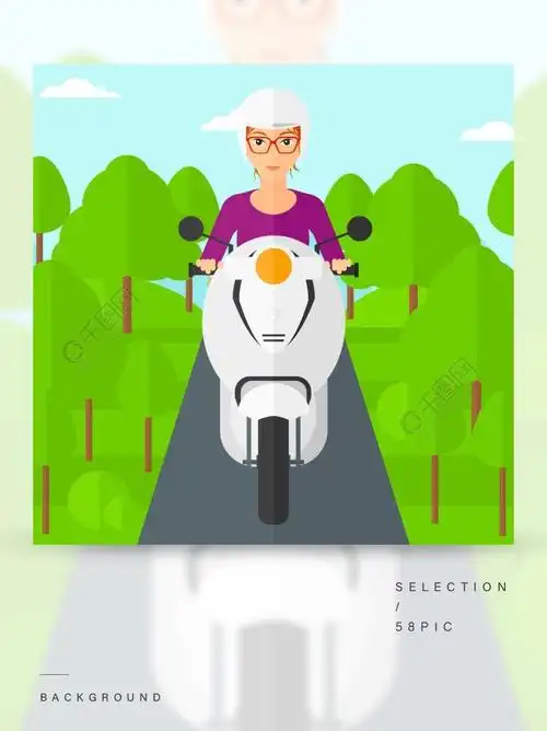 骑摩托车的妇女在森林传染媒介平的设计例证背景的柏油路方形的布局