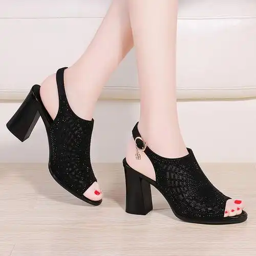 莱卡金顿鱼嘴高跟鞋女粗跟2019夏季韩版百搭休闲女士后绊带凉鞋女鞋子