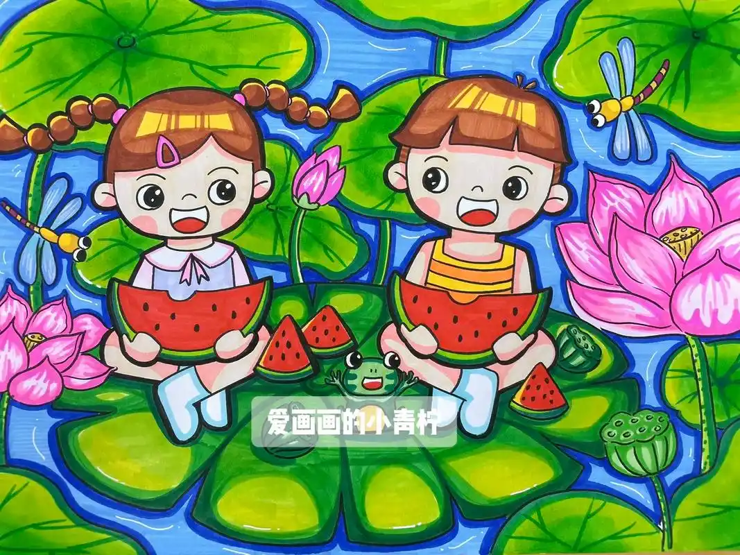 马克笔手绘夏日荷塘主题儿童画.#儿童美术 #绘画分享 #少儿 - 抖音