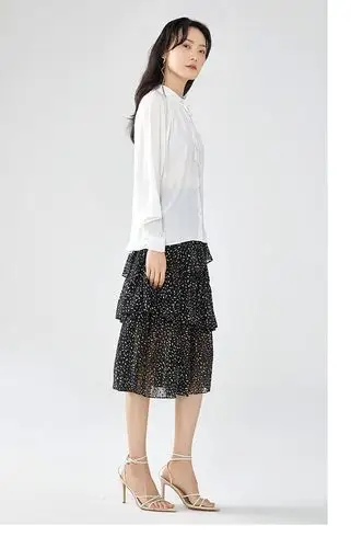 艾莱依2020年春季新款甜美荷叶边半身裙印花雪纺裙女6019aa35008 米底