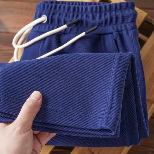 质感斜纹藏蓝色休闲运动五分裤 轻奢针织棉质宽松抽绳松紧腰短裤