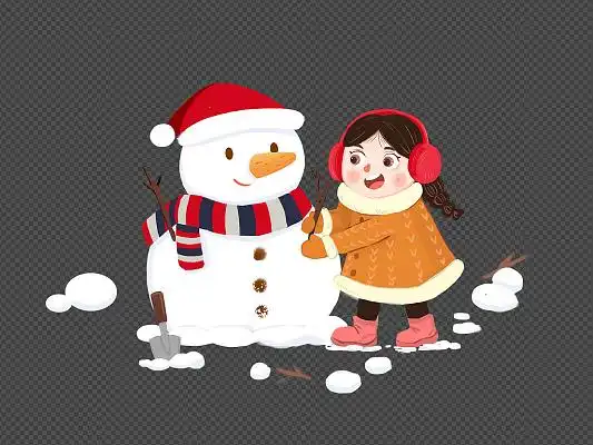 彩色手绘卡通女孩冬季冬天雪人堆雪人png素材元素