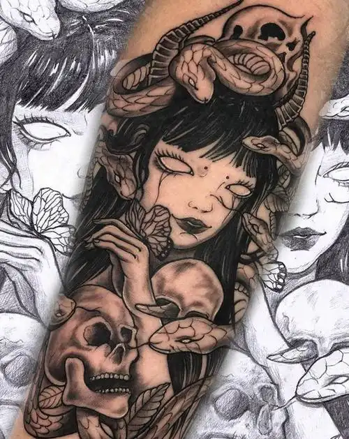 美杜莎纹身图片_手臂new school美杜莎纹身图案