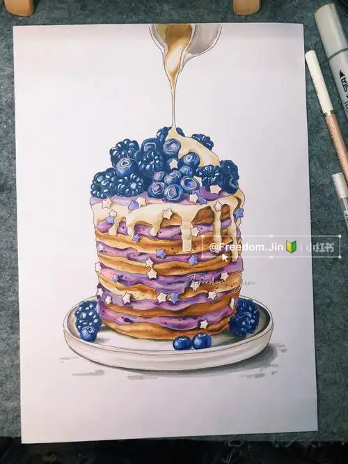 马克笔手绘食物篇蓝莓桑椹蛋糕附原图