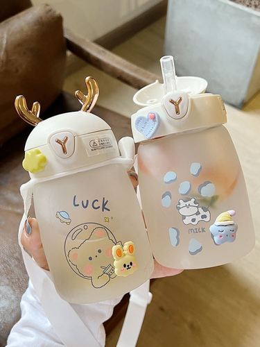 大肚子水杯玻璃女款女士女生个人专用喝水的杯子随身带吸管奶瓶杯