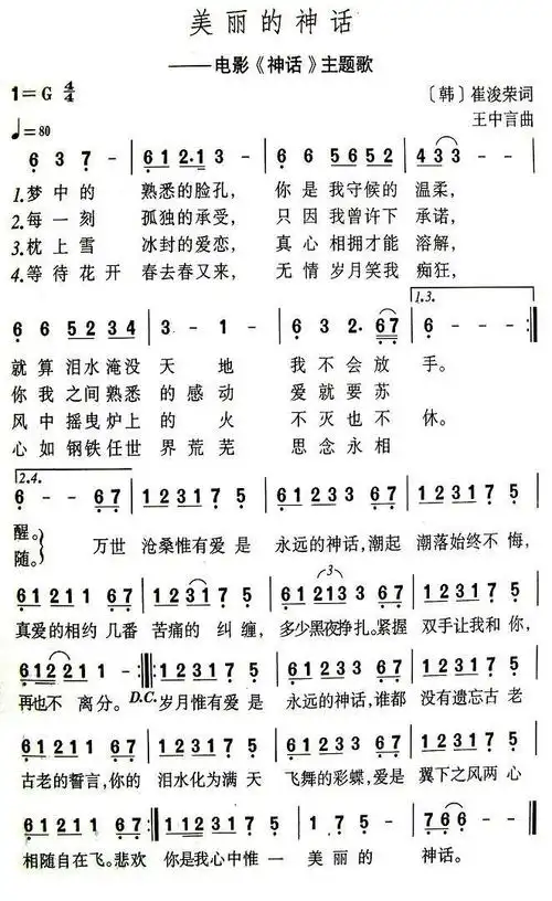 韩红,歌曲名称为美丽的神话,歌谱类型为简谱