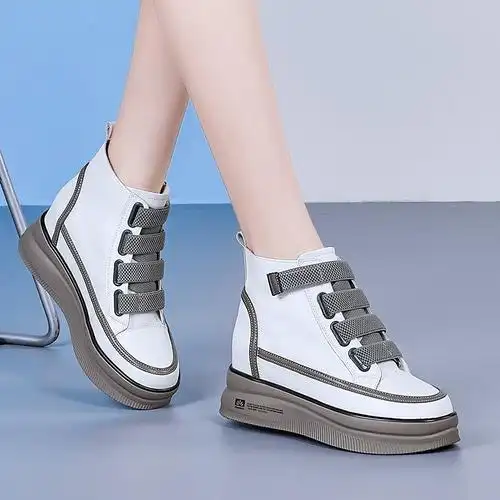 真皮灰厚底小白鞋女春秋季2022新款百搭内增高厚底高帮运动女鞋秋