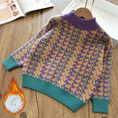 女童洋气拼色千鸟格加厚半高领针织毛衣 儿童宝宝套头内搭上衣 冬