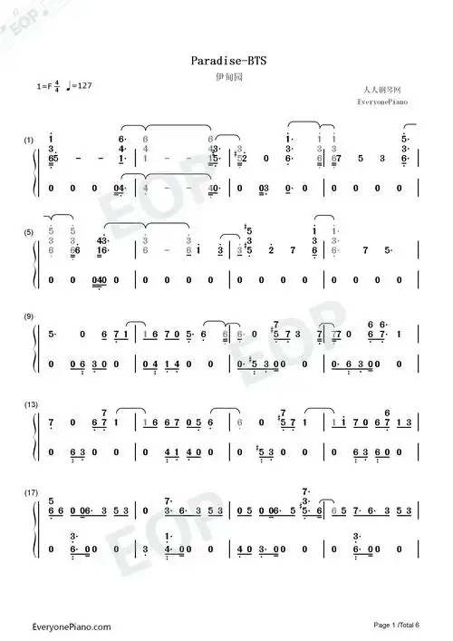 paradise-防弹少年团双手简谱预览1