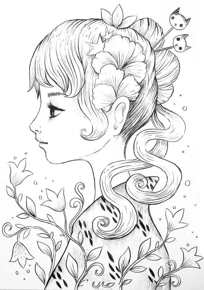 黑白线描画优秀作品人物线描画可上色版