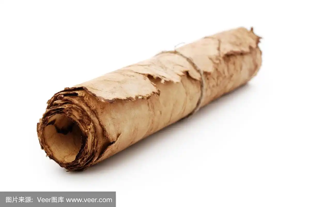 卷起来的旧羊皮纸,用麻绳捆起来
