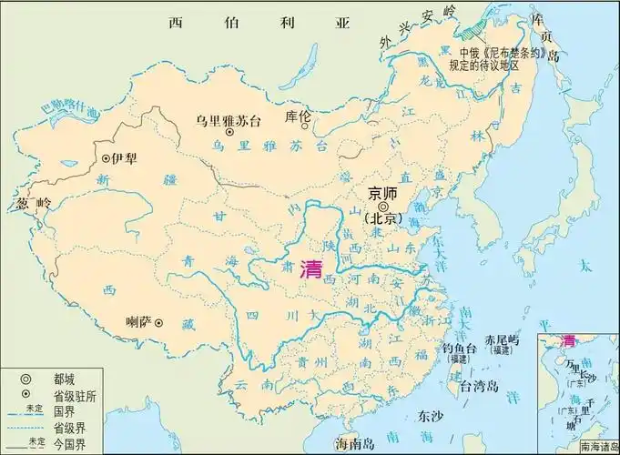 清朝疆域图(1820年).(图片来源:《中外历史纲要》)