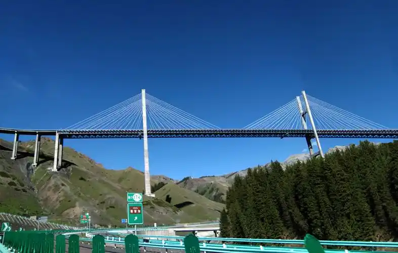果子沟双塔双索面斜拉桥,是赛里木湖至果子沟口高速路的途径大桥.