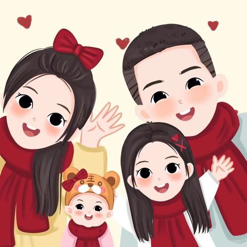 一家三四口全家福新手绘卡通头像q版亲子定制兔年微信约稿画合照