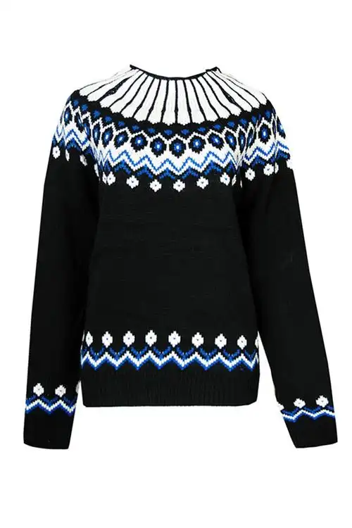 复古提花高领宽松粗针套头毛衣