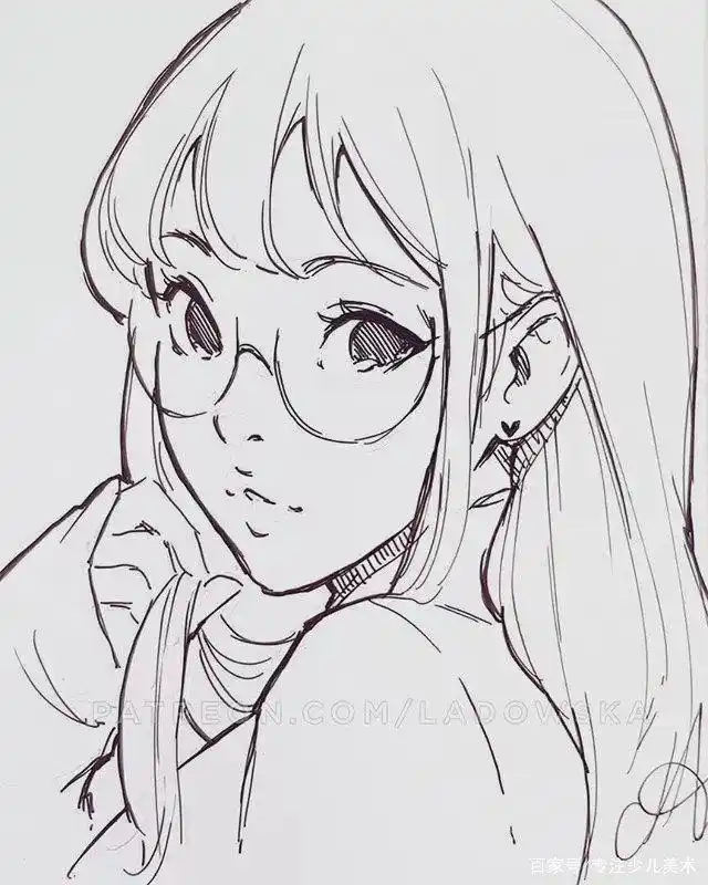 黑白线描动漫人物~美少女头像