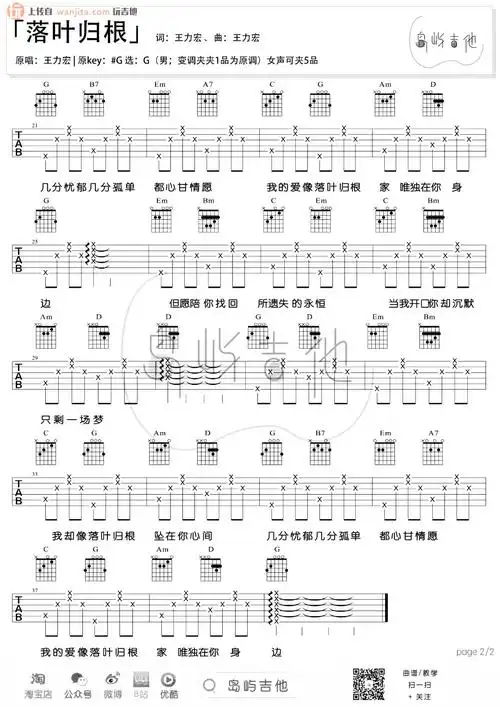 落叶归根吉他谱_王力宏_g调简单版六线谱_吉他弹唱谱
