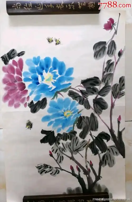 纯手工绘画宣纸蝴蝶蜜蜂和花朵一套两副