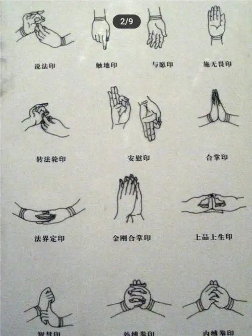 以下是佛像常见的七种手印:手印形式可有多种变化,尤其是密教手印多达