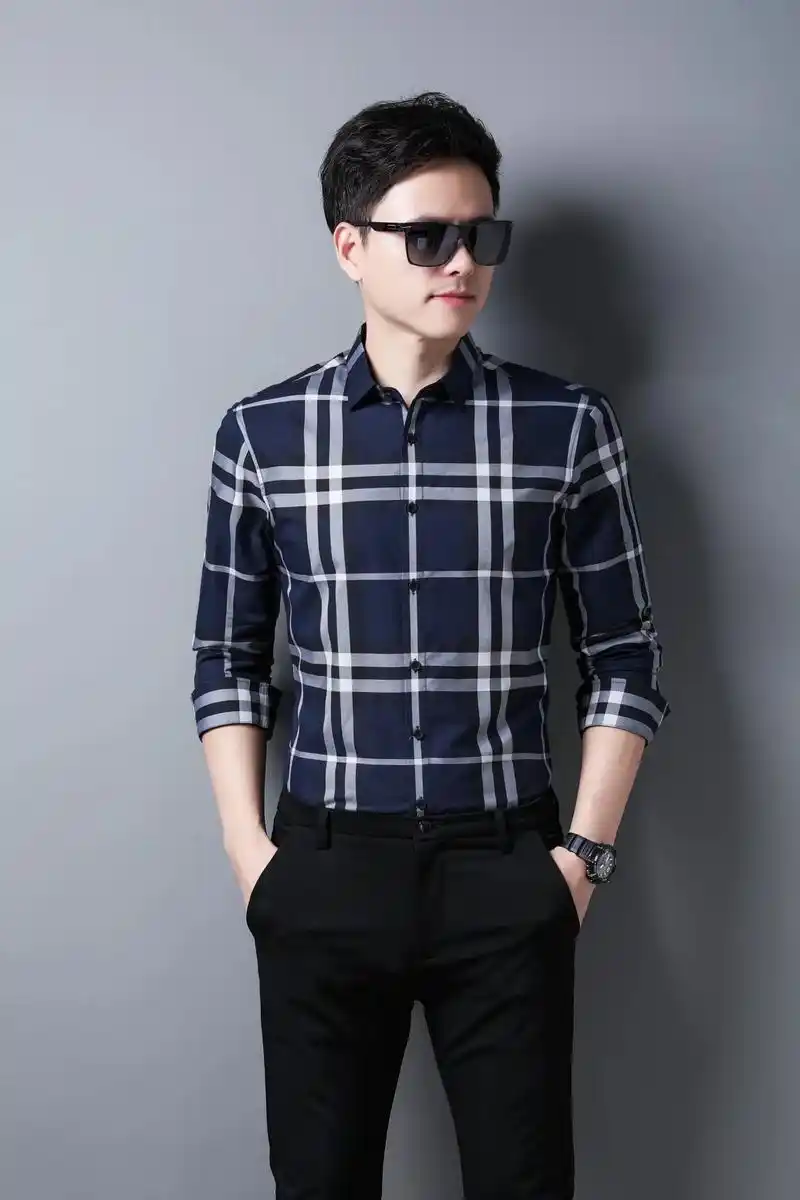 春秋新款男士长袖格子衬衫 时尚休闲纯棉修身潮流男衬衣#男士搭