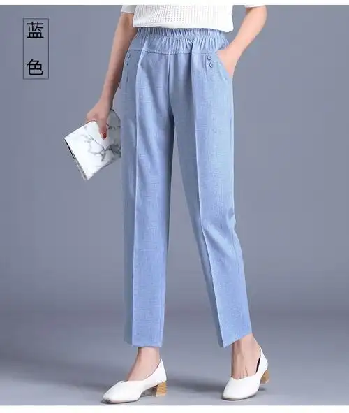 拉夏贝尔官方专柜裤子夏季薄款亚麻女裤宽松直筒棉麻休闲长裤中年人