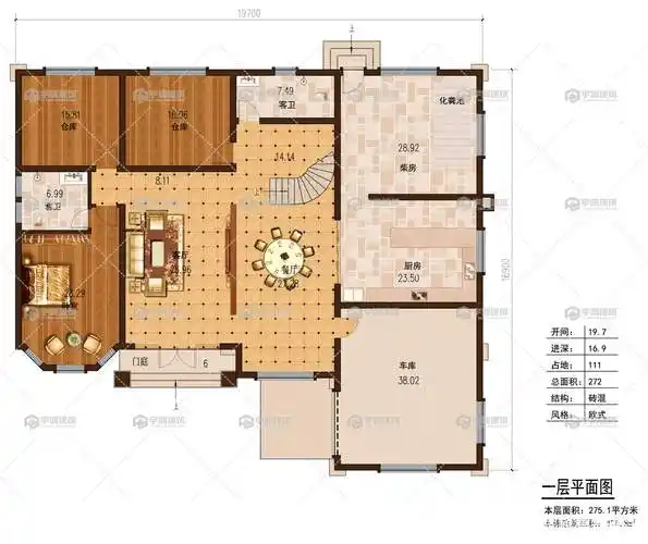 别墅采用坡屋顶设计,有利于排水和防寒隔热,增强主体建筑的造型美和