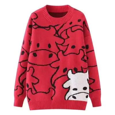 超高质量颜色可定制#新款红色毛衣趣味撞色新年可爱牛图案针织衫