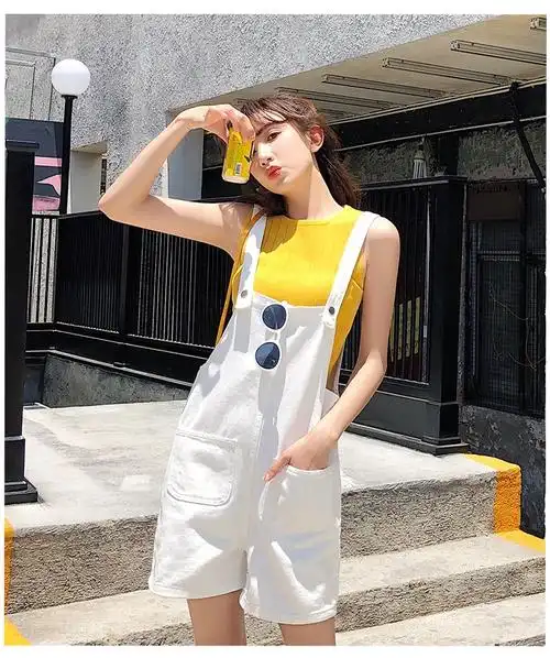 实拍牛仔白色背带裤女港风休闲宽松2022年夏季新款减龄阔腿短裤 - 17