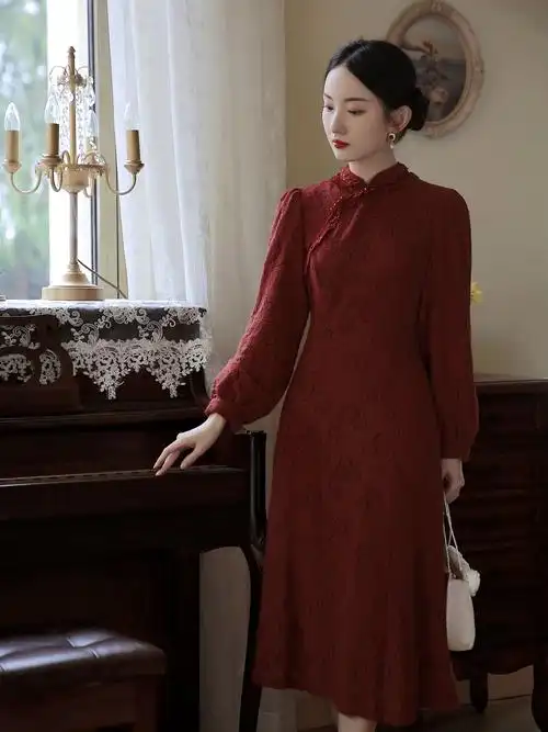 改良版旗袍裙复古民国风女装连衣裙女秋冬法式赫本风收腰气质长裙