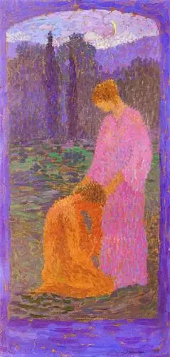 风景人物点彩画:洗衣女工,农夫和牧羊女-亨利·马丁|美术作品