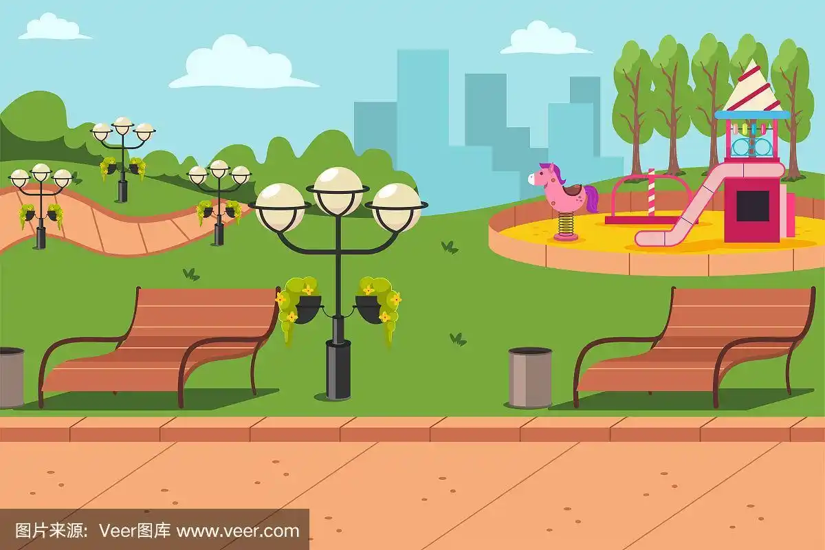 有长凳,灯笼和儿童游乐场的城市公园.矢量卡通平面城市景观插图.