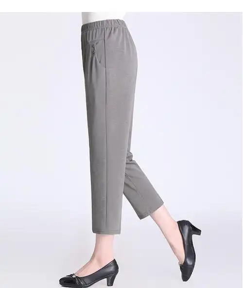 妈妈夏装裤子薄款中老年人夏季松紧腰高腰女裤夏天宽松大码九分裤