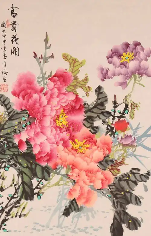 【模写】【一灯】b8195〈张福生〉牡丹図 中国画