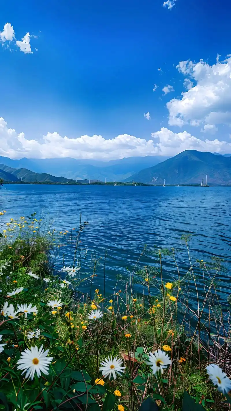 湖水碧波荡漾,清澈见底,周围群山环绕,绿树成荫.湖面上,白帆点点