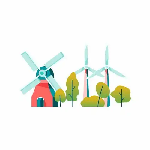 扁平插画风格大风车和风力发电机png图片免抠矢量素材